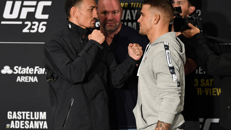 ATLANTA, GA - APRIL 11: Max Holloway and Dustin Poirier face-off for the media during the UFC 236 Ultimate Media Day at Hyatt Regency Atlanta on April 11, 2019 in Atlanta, Georgia. (Photo by Josh Hedges/Zuffa LLC/Zuffa LLC via Getty Images)