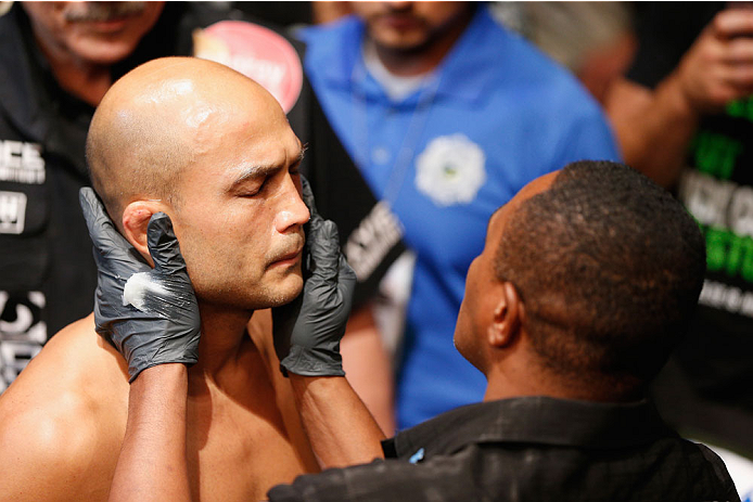 LAS VEGAS, NV - JULY 06: BJ Penn stands on the UFC prep point before his featherweight fight with Frankie Edgar during the Ultimate Fighter Finale inside the Mandalay Bay Events Center on July 6, 2014 in Las Vegas, Nevada. (Photo by Josh Hedges/Zuffa LL