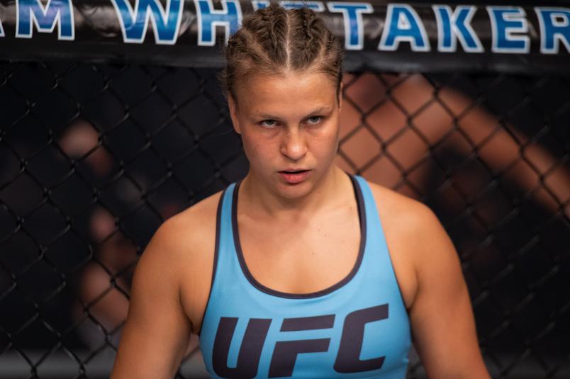 LAS VEGAS, NV - JULY 19: Julija Stoliarenko of Lithuania waits in her corner during the filming of The Ultimate Fighter: Heavy Hitters on JULY 19, 2018 in Las Vegas, Nevada. (Photo by Chris Unger/Zuffa LLC via Getty Images)