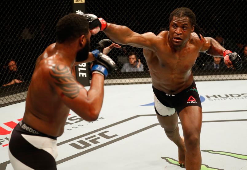 ZAGREB, CROATIA - APRIL 10: (R-L) Francis Ngannou punches Curtis Blaydes in their heavyweight bout during the UFC Fight Night event at the Arena Zagreb on April 10, 2016 in Zagreb, Croatia. (Photo by Srdjan Stevanovic/Zuffa LLC via Getty Images)