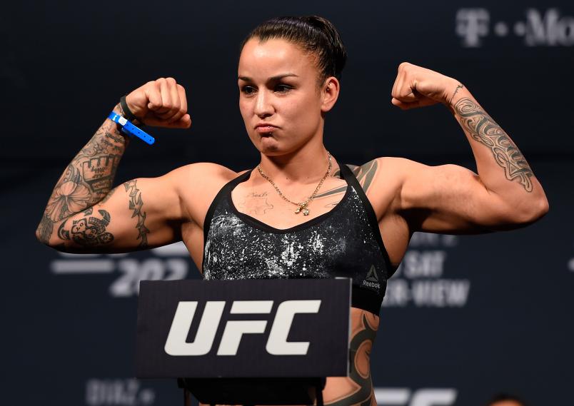LAS VEGAS, NV - AUGUST 19: Raquel Pennington poses on the scale during the UFC 202 weigh-in at the MGM Grand Hotel & Casino on August 19, 2016 in Las Vegas, Nevada. (Photo by Josh Hedges/Zuffa LLC via Getty Images)
