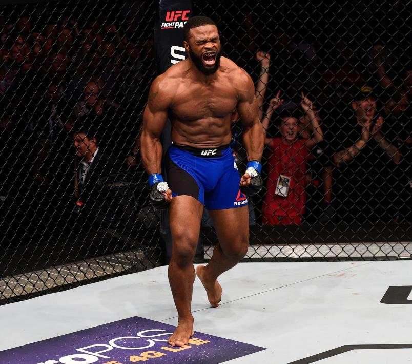 ATLANTA, GA - JULY 30: Tyron Woodley celebrates after knocking out Robbie Lawler in their welterweight championship bout during the UFC 201 event on July 30, 2016 at Philips Arena in Atlanta, Georgia. (Photo by Jeff Bottari/Zuffa LLC/Zuffa LLC via Getty Images)