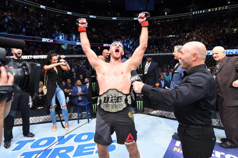 CLEVELAND, OH - SEPTEMBER 10: UFC heavyweight champion Stipe Miocic celebrates after defeating Alistair Overeem of The Netherlands in their UFC heavyweight championship bout during the UFC 203 event at Quicken Loans Arena on September 10, 2016 in Cleveland, Ohio. (Photo by Josh Hedges/Zuffa LLC/Zuffa LLC via Getty Images)