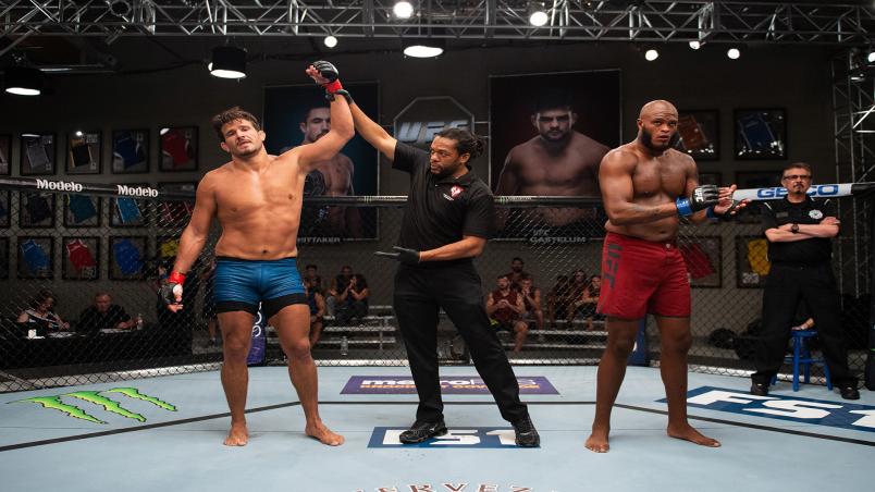 LAS VEGAS, NV - AUGUST 15: (L-R) Juan Francisco Espino Diepa of Spain celebrates his victory over Maurice Greene during the filming of The Ultimate Fighter: Heavy Hitters on August 15, 2018 in Las Vegas, Nevada. (Photo by Chris Unger/Zuffa LLC/Zuffa LLC via Getty Images)