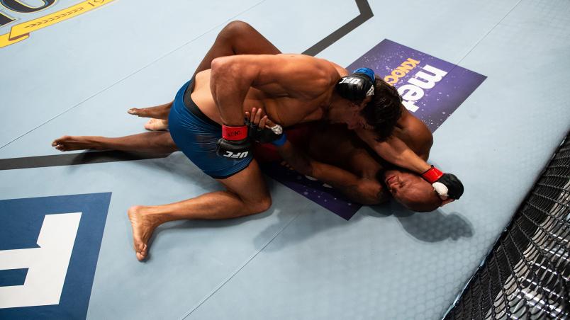 LAS VEGAS, NV - AUGUST 15: (L-R) Juan Francisco Espino Diepa of Spain punches Maurice Greene during the filming of The Ultimate Fighter: Heavy Hitters on August 15, 2018 in Las Vegas, Nevada. (Photo by Chris Unger/Zuffa LLC/Zuffa LLC via Getty Images)
