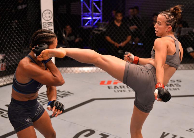 LAS VEGAS, NV - JULY 17: (R-L) Maycee Barber kicks Jamie Colleen in their womens strawweight fight during Dana White's Tuesday Night Contender Series at the TUF Gym on July 17, 2018 in Las Vegas, Nevada. (Photo by Chris Unger/DWTNCS LLC)