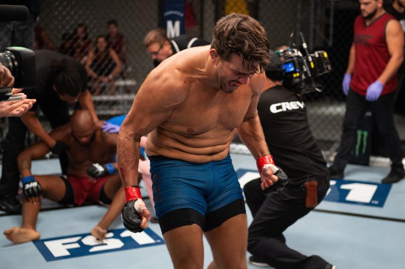 LAS VEGAS, NV - AUGUST 15: Juan Francisco Espino Diepa of Spain reacts after defeating Maurice Greene during the filming of The Ultimate Fighter: Heavy Hitters on August 15, 2018 in Las Vegas, Nevada. (Photo by Chris Unger/Zuffa LLC/Zuffa LLC via Getty Images)
