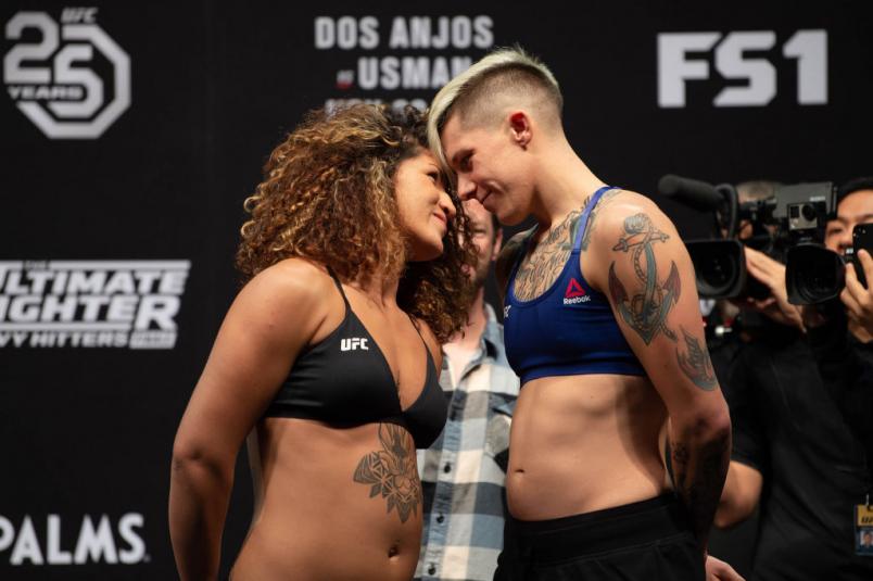 LAS VEGAS, NEVADA - NOVEMBER 29: (L-R) Opponents Pannie Kianzad of Denmark and Macy Chiasson face off during The Ultimate Fighter Finale weigh-in inside The Pearl concert theater at Palms Casino Resort on November 29, 2018 in Las Vegas, Nevada. (Photo by Chris Unger/Zuffa LLC/Zuffa LLC via Getty Images)