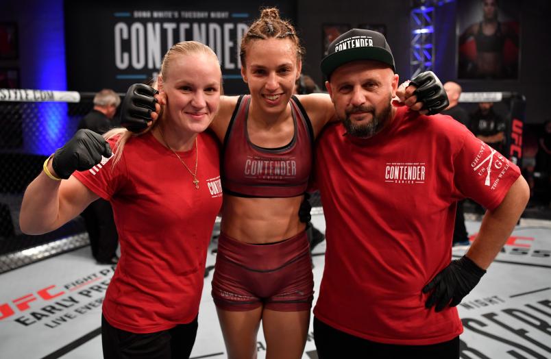 LAS VEGAS, NV - JUNE 26: Antonina Shevchenko of Kyrgyzstan celebrates after her victory over Jaimee Nievera in their women's flyweight bout during Dana White's Tuesday Night Contender Series at the TUF Gym on June 26, 2018 in Las Vegas, Nevada. (Photo by Jeff Bottari/DWTNCS LLC)