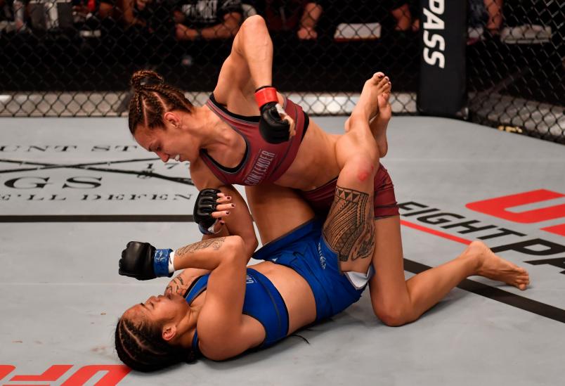 LAS VEGAS, NV - JUNE 26: (R-L) Antonina Shevchenko of Kyrgyzstan punches Jaimee Nievera in their women's flyweight bout during Dana White's Tuesday Night Contender Series at the TUF Gym on June 26, 2018 in Las Vegas, Nevada. (Photo by Jeff Bottari/DWTNCS LLC)