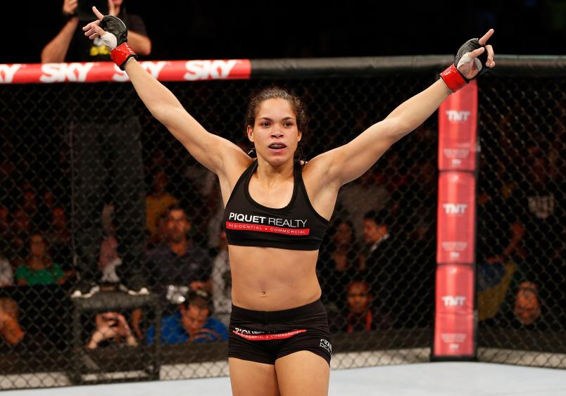 RIO DE JANEIRO, BRAZIL - AUGUST 03: Amanda Nunes reacts after her TKO victory over Sheila Gaff in their women's bantamweight bout during UFC 163 at HSBC Arena on August 3, 2013 in Rio de Janeiro, Brazil. (Photo by Josh Hedges/Zuffa LLC/Zuffa LLC via Getty Images)