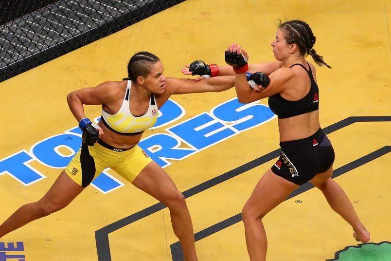 LAS VEGAS, NV - JULY 09: (L-R) Amanda Nunes of Brazil punches Miesha Tate during the UFC 200 event on July 9, 2016 at T-Mobile Arena in Las Vegas, Nevada. (Photo by Ed Mulholland/Zuffa LLC/Zuffa LLC via Getty Images)