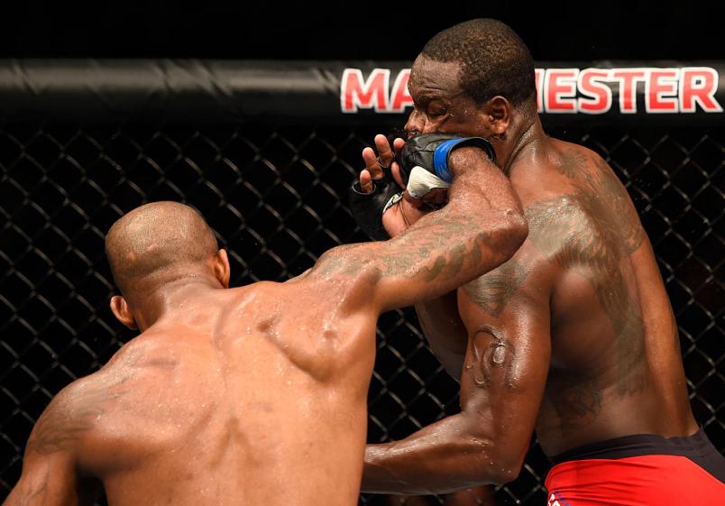 MANCHESTER, ENGLAND - OCTOBER 08: (L-R) Jimi Manuwa of England punches Ovince Saint Preux in their light heavyweight bout during the UFC 204 Fight Night at the Manchester Evening News Arena on October 8, 2016 in Manchester, England. (Photo by Josh Hedges/Zuffa LLC/Zuffa LLC via Getty Images)