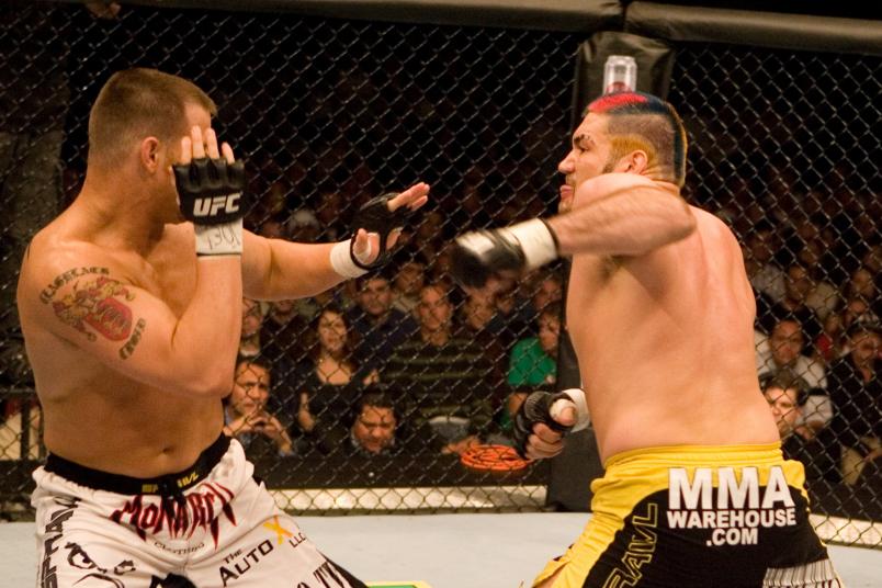 HOLLYWOOD, FL - JANUARY 25: Jake O'Brien (white shorts) def. Heath Herring (yellow/black shorts) - Unanimous Decision during UFC Fight Night 08 at the Hard Rock Live - Seminole Hard Rock Hotel & Casino on January 25, 2007 in Hollywood, Florida. (Photo by Josh Hedges/Zuffa LLC via Getty Images)