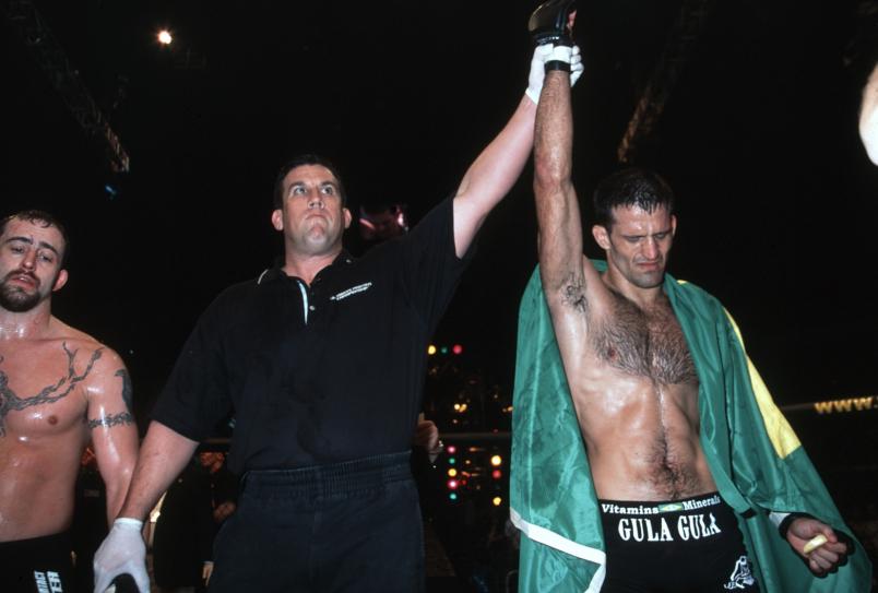 NCASVILLE, CT - JANUARY 11: (R-L) Murilo Bustamante defeats Dave Menne to win the UFC Middleweight Championship at the Mohegan Sun Arena on January 11, 2002 in Uncasville, Connecticut. (Photo by Susumu Nagao/Zuffa LLC/Zuffa LLC via Getty Images)