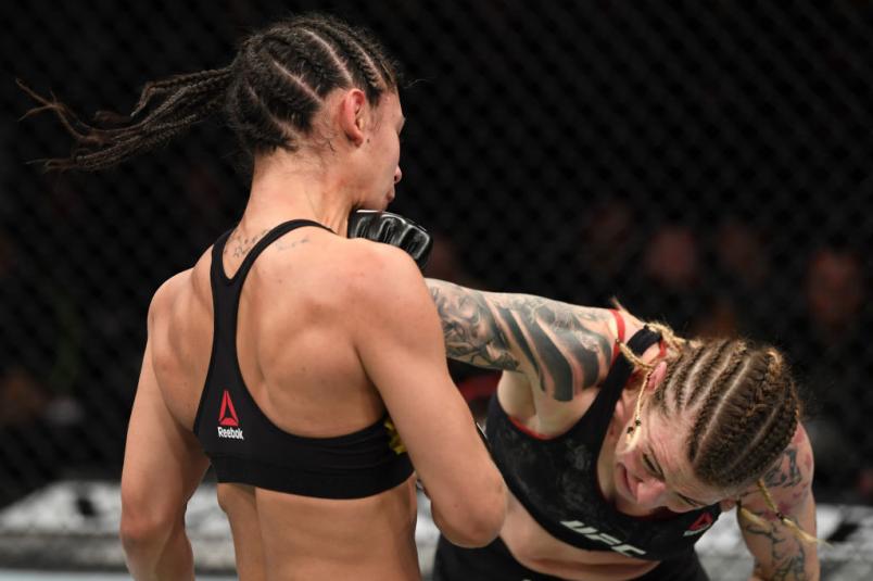 NEW YORK, NY - JANUARY 19: (R-L) Joanne Calderwood of Scotland punches Ariane Lipski of Brazil in their women's flyweight bout during the UFC Fight Night event at the Barclays Center on January 19, 2019 in the Brooklyn borough of New York City. (Photo by Josh Hedges/Zuffa LLC/Zuffa LLC via Getty Images)