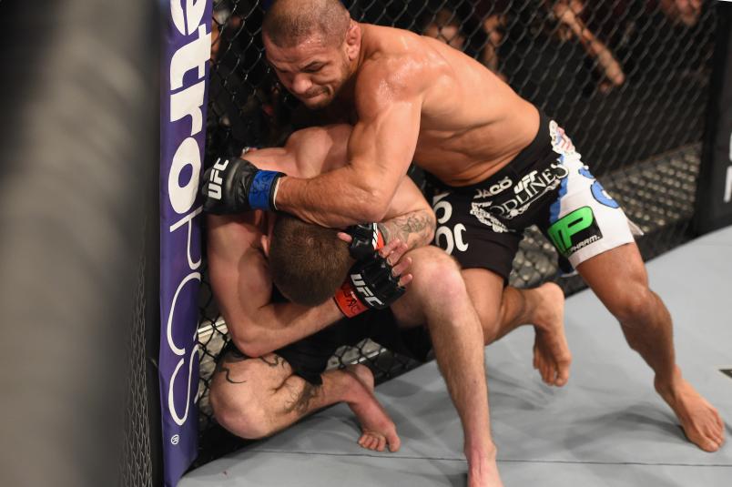 LAS VEGAS, NV - JANUARY 31: Thiago Alves (top) punches Jordan Mein in their welterweight bout during the UFC 183 event at the MGM Grand Garden Arena on January 31, 2015 in Las Vegas, Nevada. (Photo by Josh Hedges/Zuffa LLC/Zuffa LLC via Getty Images)