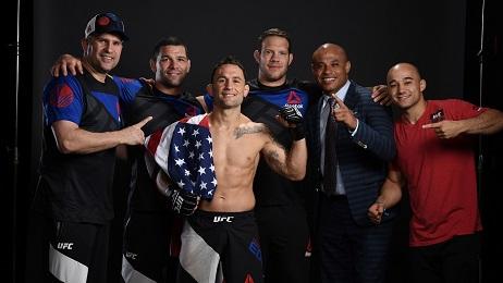 DALLAS, TX - MAY 13: Frankie Edgar poses for a post fight portrait with his team backstage during the UFC 211 event at the American Airlines Center on May 13, 2017 in Dallas, Texas. (Photo by Mike Roach/Zuffa LLC/Zuffa LLC via Getty Images)