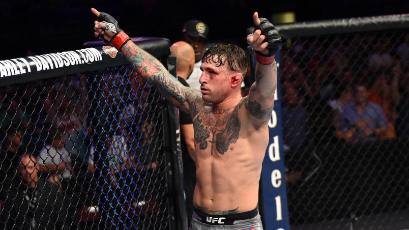 UTICA, NY - JUNE 01: Gregor Gillespie celebrates after submitting Vinc Pichel in their lightweight fight during the UFC Fight Night event at the Adirondack Bank Center on June 1, 2018 in Utica, New York. (Photo by Josh Hedges/Zuffa LLC/Zuffa LLC via Getty Images)