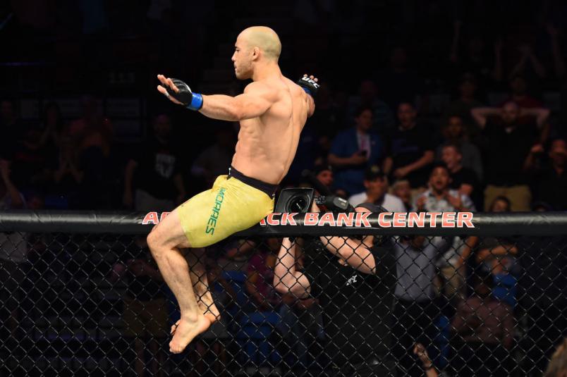 UTICA, NY - JUNE 01: Marlon Moraes of Brazil celebrates after defeating Jimmie Rivera in their bantamweight fight during the UFC Fight Night event at the Adirondack Bank Center on June 1, 2018 in Utica, New York. (Photo by Josh Hedges/Zuffa LLC/Zuffa LLC via Getty Images)