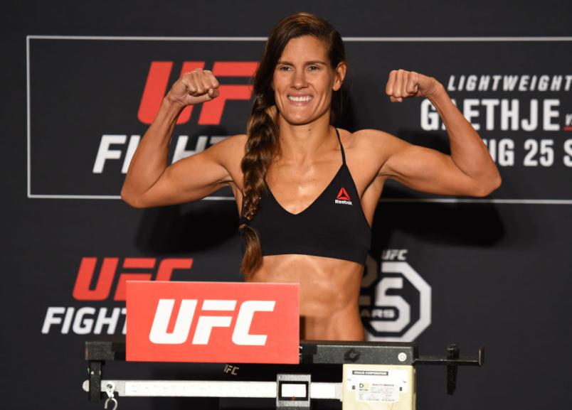 LINCOLN, NE - AUGUST 24: Cortney Casey poses on the scale during the UFC weigh-in on August 24, 2018 in Lincoln, Nebraska. (Photo by Josh Hedges/Zuffa LLC/Zuffa LLC via Getty Images)