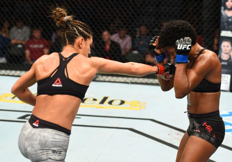 LINCOLN, NE - AUGUST 25: (L-R) Cortney Casey punches Angela Hill in their womens strawweight fight during the UFC Fight Night event at Pinnacle Bank Arena on August 25, 2018 in Lincoln, Nebraska. (Photo by Josh Hedges/Zuffa LLC/Zuffa LLC via Getty Images)