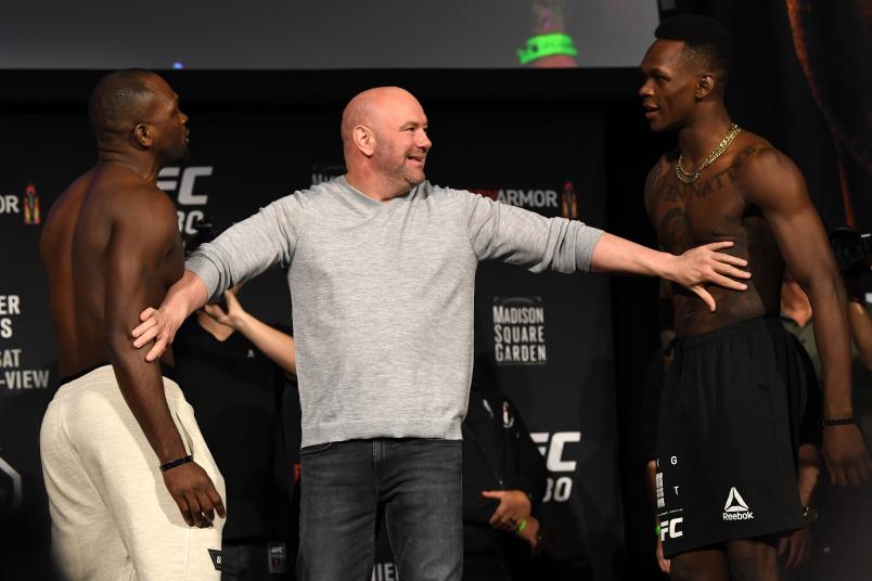 NEW YORK, NEW YORK - NOVEMBER 02: Opponents Derek Brunson and Israel Adesanya of Nigeria face off during the UFC 230 weigh-in inside Hulu Theater at Madison Square Garden on November 2, 2018 in New York, New York. (Photo by Jeff Bottari/Zuffa LLC/Zuffa LLC via Getty Images)