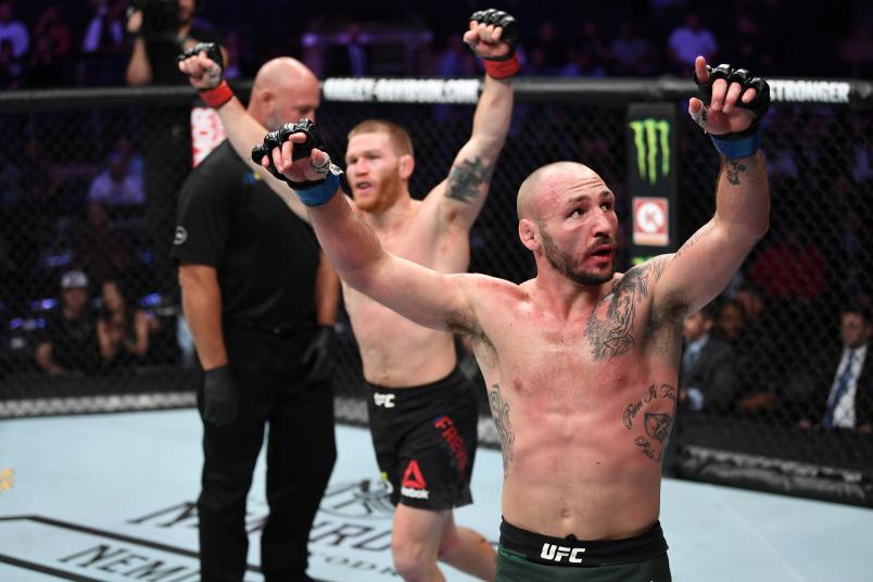 NEW YORK, NY - NOVEMBER 03: (R-L) Lando Vannata and Matt Frevola react after the conclusion of their lightweight bout during the UFC 230 event inside Madison Square Garden on November 3, 2018 in New York, New York. (Photo by Jeff Bottari/Zuffa LLC/Zuffa LLC via Getty Images)