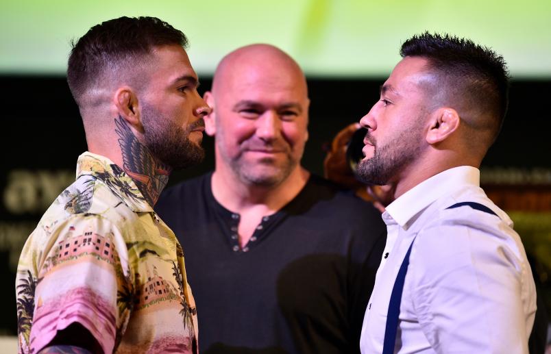 LAS VEGAS, NEVADA - JANUARY 31: (L-R) Opponents Cody Garbrandt and Pedro Munhoz face off during the UFC 235 Press Conference inside the David Copperfield Theater at MGM Grand on January 31, 2019 in Las Vegas, Nevada. (Photo by Chris Unger/Zuffa LLC/Zuffa LLC via Getty Images)