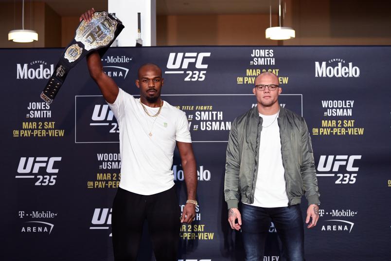 LAS VEGAS, NEVADA - FEBRUARY 27: (L-R) Jon Jones and Anthony Smith pose for the media during the UFC 235 Ultimate Media Day at T-Mobile Arena on February 27, 2019 in Las Vegas, Nevada. (Photo by Jeff Bottari/Zuffa LLC/Zuffa LLC via Getty Images)