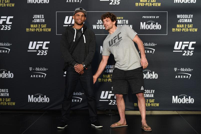 LAS VEGAS, NEVADA - FEBRUARY 27: (L-R) Robbie Lawler and Ben Askren pose for the media during the UFC 235 Ultimate Media Day at T-Mobile Arena on February 27, 2019 in Las Vegas, Nevada. (Photo by Jeff Bottari/Zuffa LLC/Zuffa LLC via Getty Images)