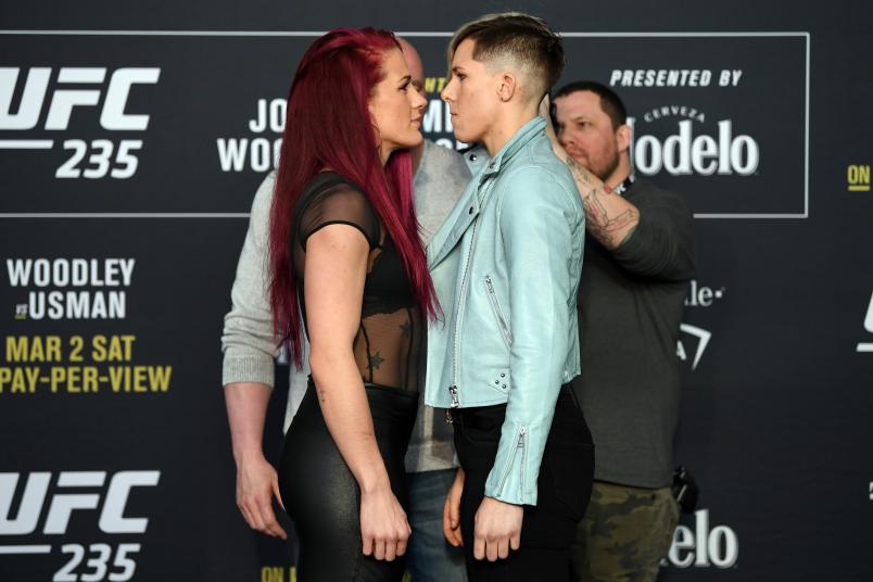 LAS VEGAS, NEVADA - FEBRUARY 27: (L-R) Gina Mazany and Macy Chiasson face off during the UFC 235 Ultimate Media Day at T-Mobile Arena on February 27, 2019 in Las Vegas, Nevada. (Photo by Jeff Bottari/Zuffa LLC/Zuffa LLC via Getty Images)