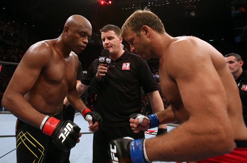 RIO DE JANEIRO, BRAZIL - OCTOBER 13: (L-R) Opponents Anderson Silva and Stephan Bonnar touch gloves before their light heavyweight fight at UFC 153 inside HSBC Arena on October 13, 2012 in Rio de Janeiro, Brazil. (Photo by Josh Hedges/Zuffa LLC/Zuffa LLC via Getty Images)