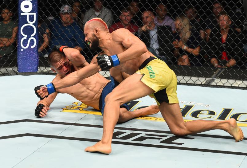 LINCOLN, NE - AUGUST 25: (R-L) Deiveson Figueiredo of Brazil punches John Moraga in their flyweight fight during the UFC Fight Night event at Pinnacle Bank Arena on August 25, 2018 in Lincoln, Nebraska. (Photo by Josh Hedges/Zuffa LLC/Zuffa LLC via Getty Images)