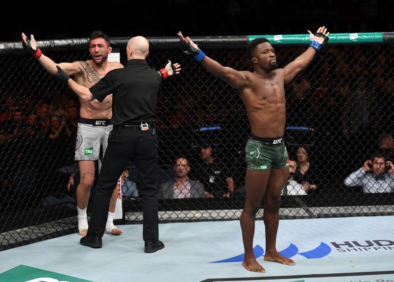 Sodiq Yusuff celebrates after his TKO victory over Suman Mokhtarian of Australia in their featherweight bout during the UFC Fight Night event inside Adelaide Entertainment Centre on December 2, 2018 in Adelaide, Australia. (Photo by Jeff Bottari/Zuffa LLC/Zuffa LLC via Getty Images)