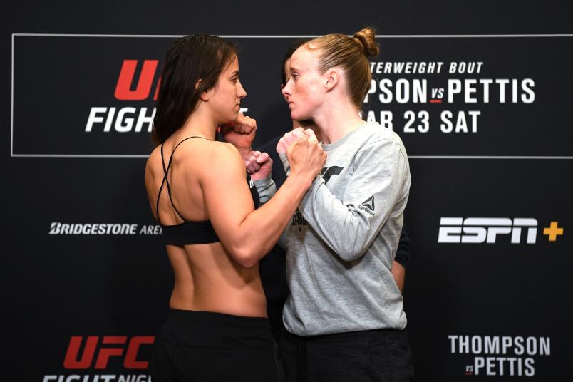 FRANKLIN, TENNESSEE - MARCH 22: (L-R) Maycee Barber and JJ Aldrich face off during the UFC Fight Night weigh-in at Hilton Franklin Cool Springs on March 22, 2019 in Franklin, Tennessee. (Photo by Jeff Bottari/Zuffa LLC/Zuffa LLC via Getty Images)