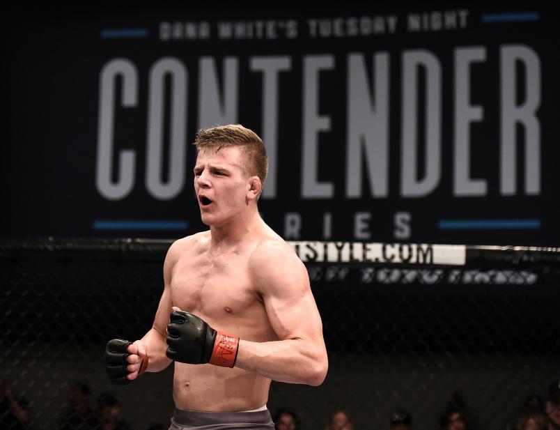 LAS VEGAS, NV - AUGUST 15: Grant Dawson celebrates his submission victory over Adrian Diaz in their featherweight bout during Dana White's Tuesday Night Contender Series at the TUF Gym on August 15, 2017 in Las Vegas, Nevada. (Photo by Brandon Magnus/DWTNCS)
