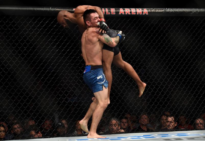 LAS VEGAS, NV - OCTOBER 07: (L-R) Ray Borg takes down Demetrious Johnson in their UFC flyweight championship bout during the UFC 216 event inside T-Mobile Arena on October 7, 2017 in Las Vegas, Nevada. (Photo by Brandon Magnus/Zuffa LLC/Zuffa LLC via Getty Images)