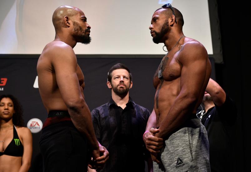 ATLANTIC CITY, NJ - APRIL 20: (L-R) Opponents David Branch and Thiago Santos of Brazil face off during the UFC Fight Night weigh-in at the Boardwalk Hall on April 20, 2018 in Atlantic City, New Jersey. (Photo by Mike Roach/Zuffa LLC/Zuffa LLC via Getty Images)