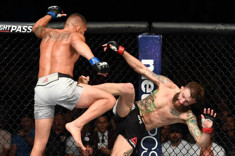 LAS VEGAS, NV - JULY 07: Anthony Pettis kicks Michael Chiesa in their lightweight fight during the UFC 226 event inside T-Mobile Arena on July 7, 2018 in Las Vegas, Nevada. (Photo by Josh Hedges/Zuffa LLC/Zuffa LLC via Getty Images)