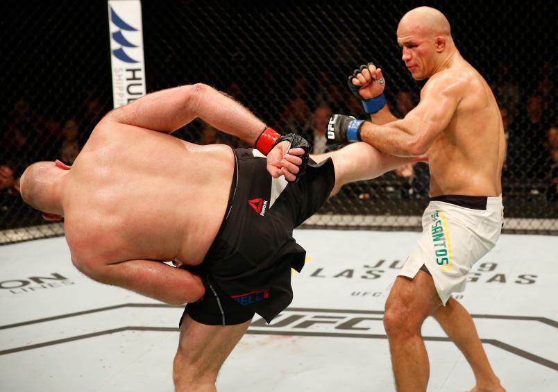 ZAGREB, CROATIA - APRIL 10: (L-R) Ben Rothwell kicks Junior Dos Santos in their heavyweight bout during the UFC Fight Night event at the Arena Zagreb on April 10, 2016 in Zagreb, Croatia. (Photo by Srdjan Stevanovic/Zuffa LLC/Zuffa LLC via Getty Images)