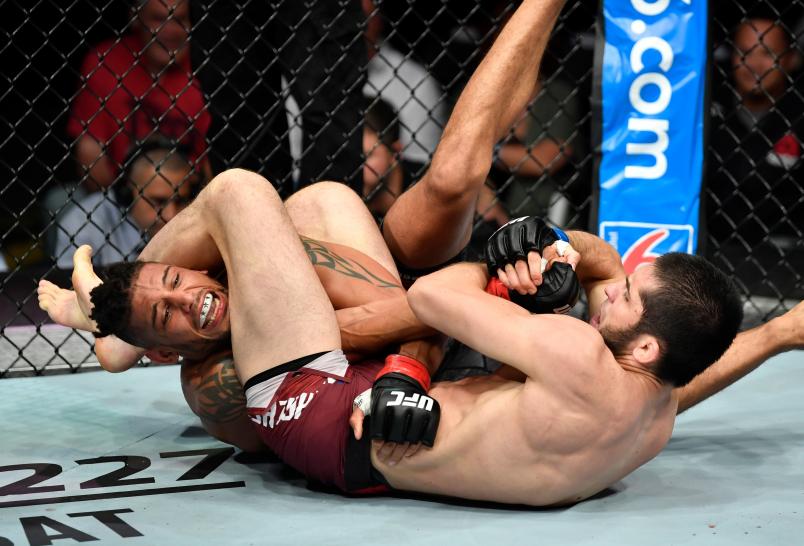 Islam Makhachev of Russia secures an arm bar submission against Kajan Johnson of Canada in their lightweight bout during the UFC Fight Night event at Scotiabank Saddledome on July 28, 2018 in Calgary, Alberta, Canada. (Photo by Jeff Bottari/Zuffa LLC)