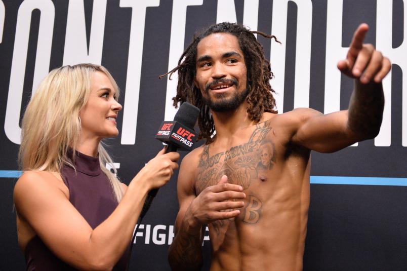 Roosevelt Roberts is interviewed by Laura Sanko after being awarded a UFC contract during Dana White's Tuesday Night Contender Series at the TUF Gym on July 31, 2018 in Las Vegas, NV. (Photo by Chris Unger/DWTNCS LLC)