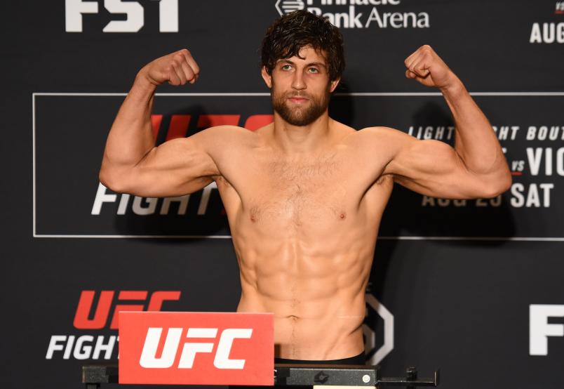 LINCOLN, NE - AUGUST 24: Andrew Sanchez poses on the scale during the UFC weigh-in on August 24, 2018 in Lincoln, Nebraska. (Photo by Josh Hedges/Zuffa LLC/Zuffa LLC via Getty Images)