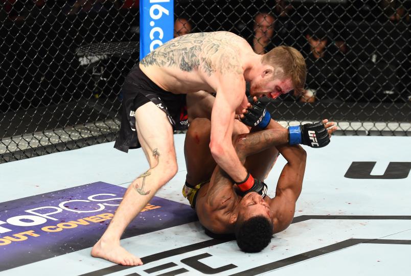 LINCOLN, NE - AUGUST 25: (L-R) Cory Sandhagen punches Iuri Alcantara of Brazil in their bantamweight fight during the UFC Fight Night event at Pinnacle Bank Arena on August 25, 2018 in Lincoln, Nebraska. (Photo by Josh Hedges/Zuffa LLC/Zuffa LLC via Getty Images)