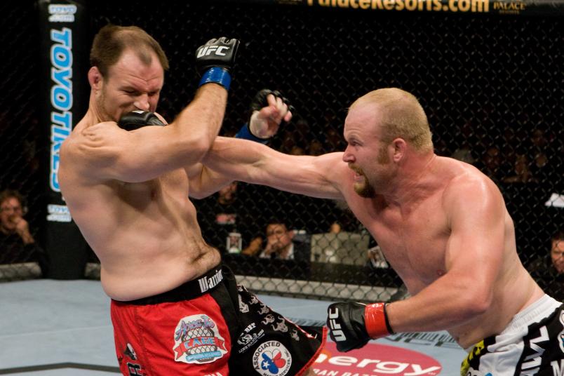 ATLANTA, GA - SEPTEMBER 6: Tim Boetsch (black/white shorts) def. Michael Patt (red/black shorts) - TKO - 2:03 round 1 during UFC 88 at Philips Arena on September 6, 2008 in Atlanta, Georgia. (Photo by Josh Hedges/Zuffa LLC via Getty Images)
