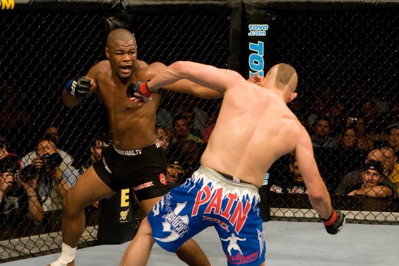 ATLANTA, GA - SEPTEMBER 6: Rashad Evans (black shorts) def. Chuck Liddell (blue shorts) - KO - 1:51 round 2 during UFC 88 at Philips Arena on September 6, 2008 in Atlanta, Georgia. (Photo by Josh Hedges/Zuffa LLC via Getty Images)