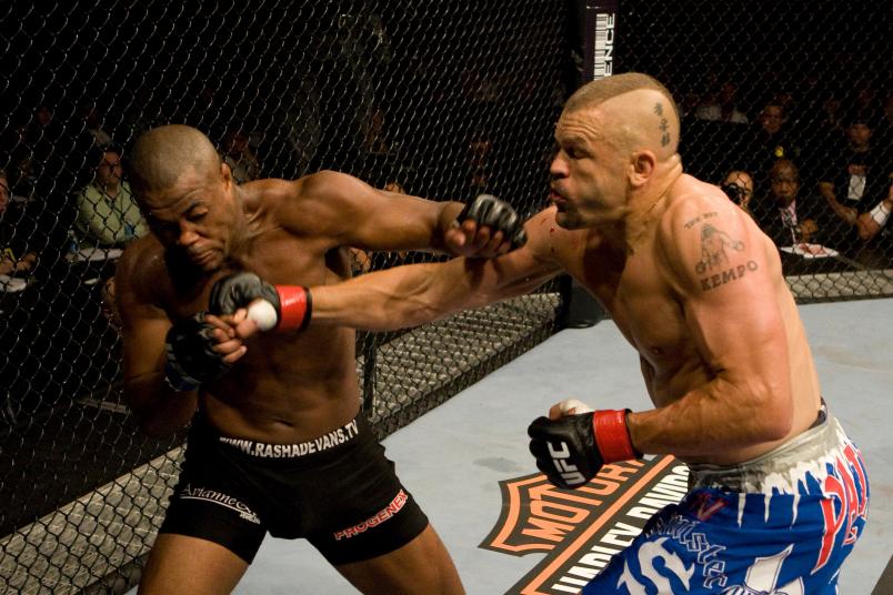 ATLANTA, GA - SEPTEMBER 6: Rashad Evans (black shorts) def. Chuck Liddell (blue shorts) - KO - 1:51 round 2 during UFC 88 at Philips Arena on September 6, 2008 in Atlanta, Georgia. (Photo by Josh Hedges/Zuffa LLC via Getty Images)