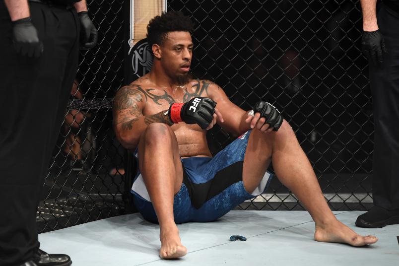 NEW YORK, NY - JANUARY 19: Greg Hardy sits in his corner after being disqualified for landing an illegal knee in his heavyweight bout against Allen Crowder during the UFC Fight Night event at the Barclays Center on January 19, 2019 in the Brooklyn borough of New York City. (Photo by Josh Hedges/Zuffa LLC/Zuffa LLC via Getty Images)