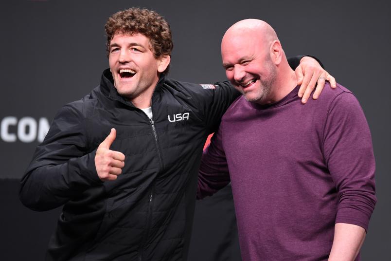 ATLANTA, GA - APRIL 12: (L-R) Ben Askren and UFC President Dana White pose for photos during the UFC Seasonal Press Conference inside State Farm Arena on April 12, 2019 in Atlanta, Georgia. (Photo by Josh Hedges/Zuffa LLC/Zuffa LLC via Getty Images)
